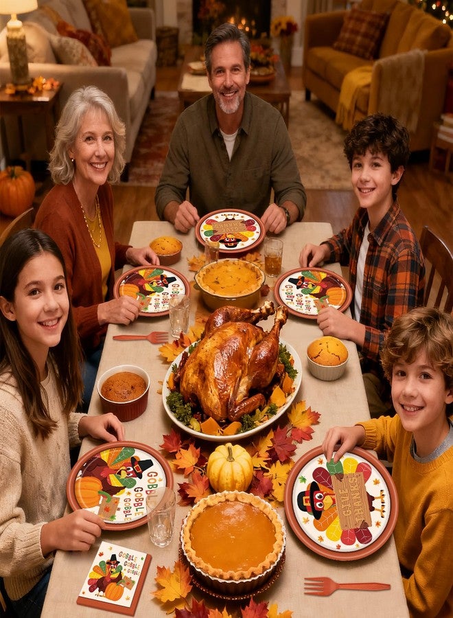 PhyLence 100 Pcs Thanksgiving Turkey Tableware Party Supplies - Disposable Fall Dinnerware Set with Paper Plates, Napkins, and Forks for Autumn Celebrations, Friendsgiving, and Thanksgiving Dinner - Serves 25 - Image 4